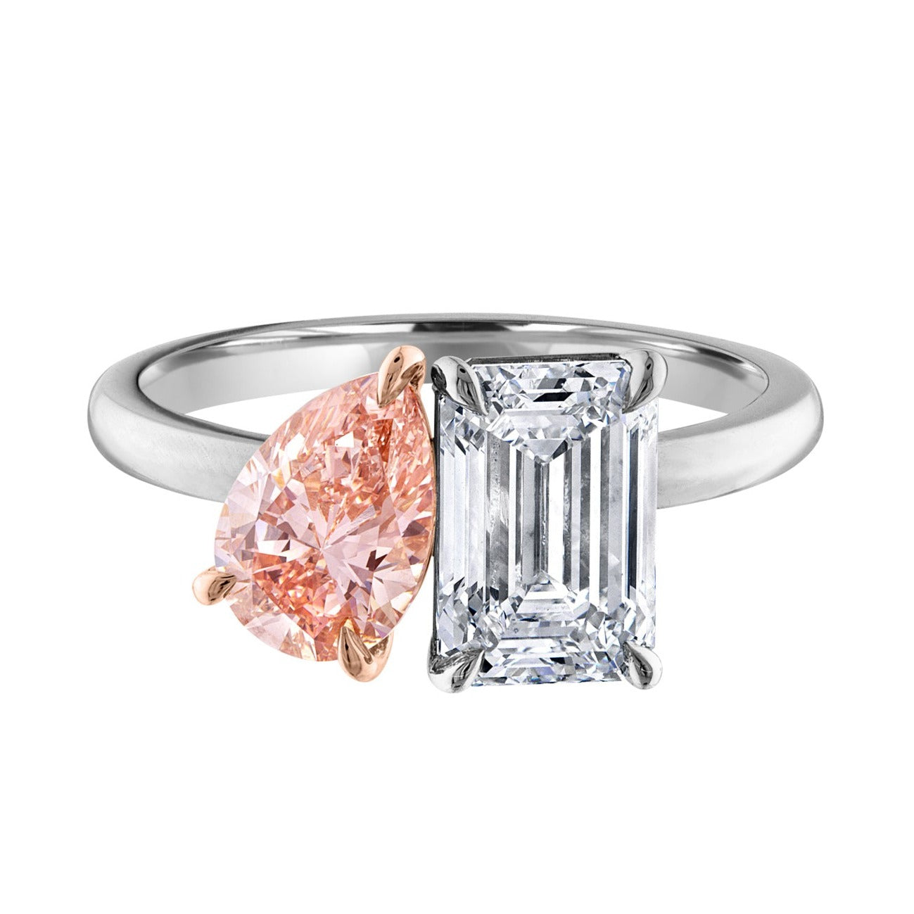 Moi et Toi Style Pink Pear Shape Diamond Emerald-Cut Diamond