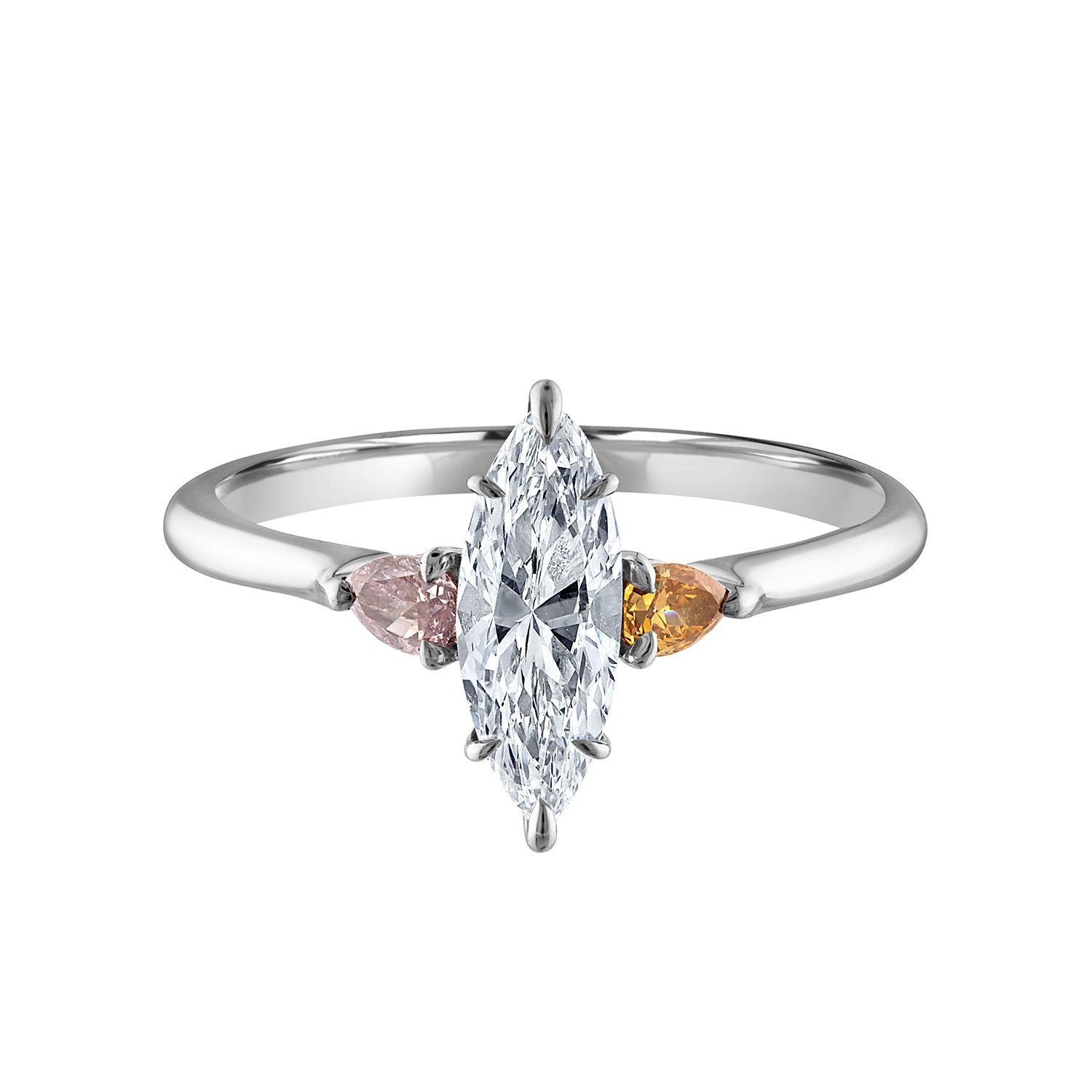 Three Stone Ring With Fancy Yellow And Pink Diamonds
