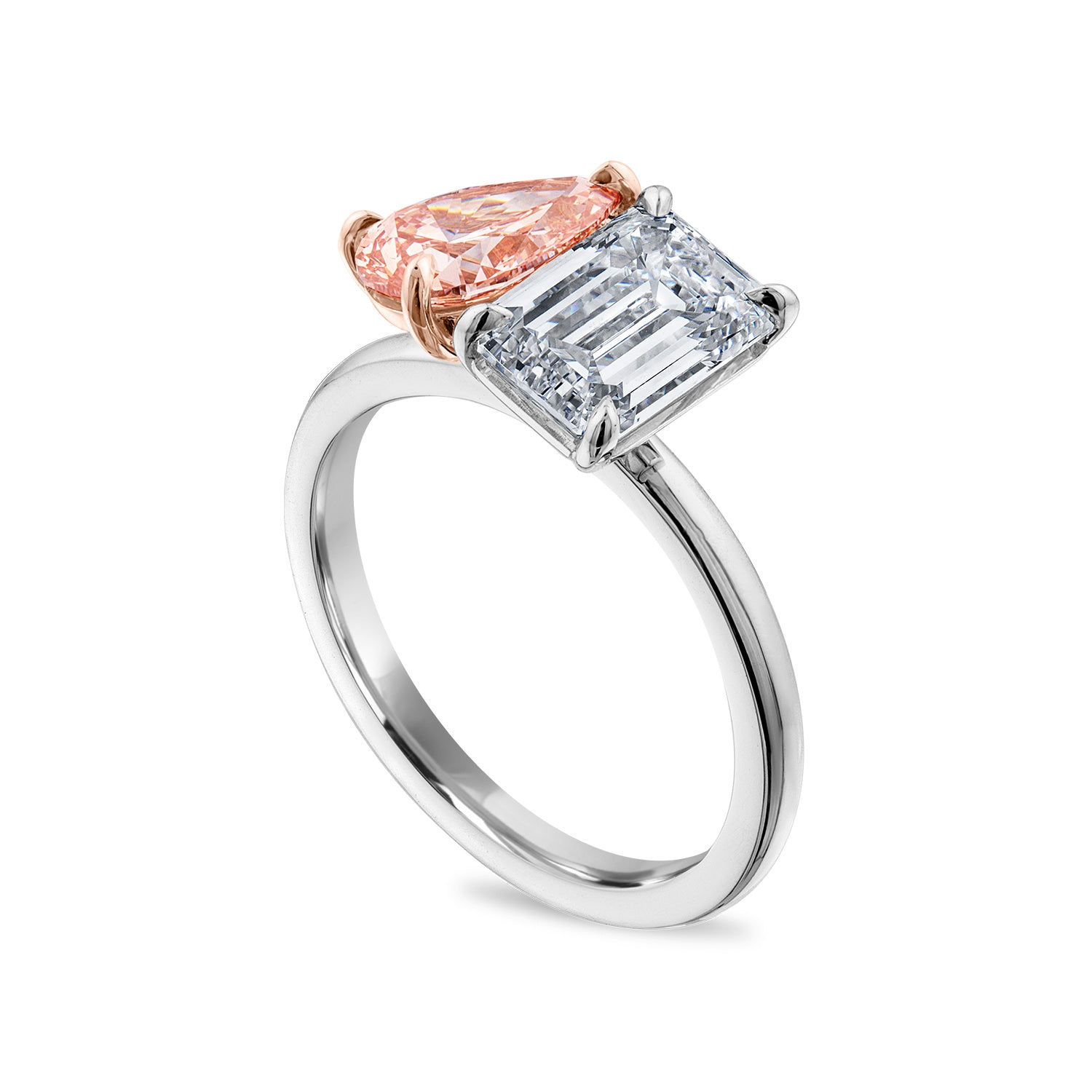 Moi et Toi Style Pink Pear Shape Diamond Emerald-Cut Diamond