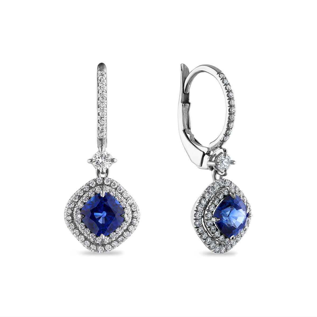Cushion Sapphire Double Halo Lever Back Earrings in Platinum