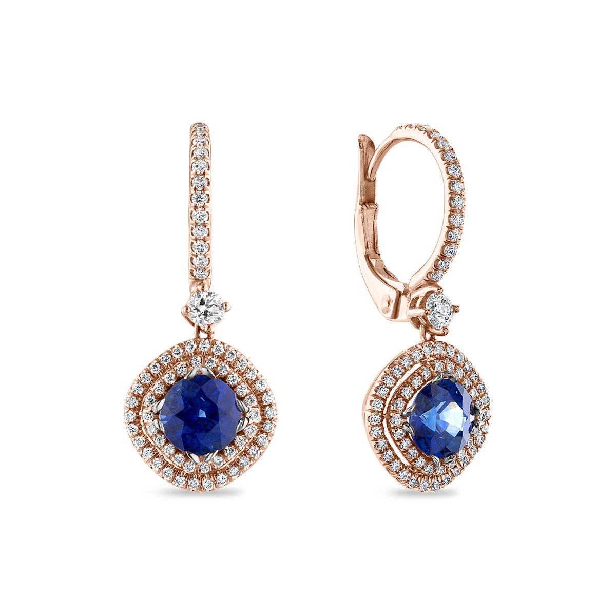 Cushion Sapphire Double Halo Lever Back Earrings in Rose Gold