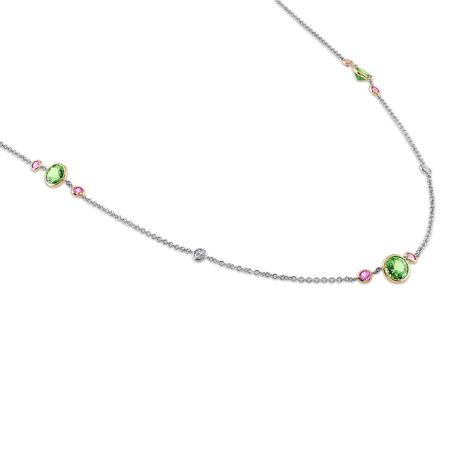 Tsavorites and Pink Sapphire Bezel Station Necklace